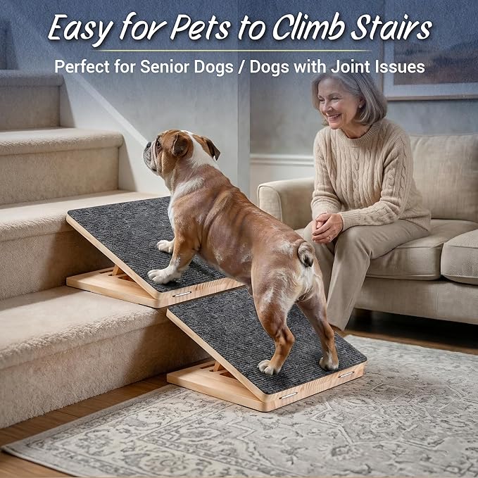 Dog Ramp for Stairs 4 Pack - Adjustable Wooden Stair Wedges for Small Dogs, Foldable Indoor Dog Stair Ramp with Triangular Support and Non-Slip Pads for Senior and Short-Legged Pets