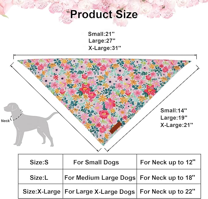 ADOGGYGO Floral Dog Bandanas, Colorful Flower Pet Scarf, Multi Size, Spring Summer Floral Bandana for Extra Large Dogs (X-Large)