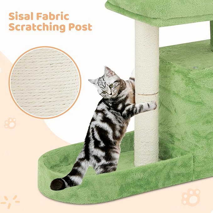 Cat Tree with Green Leaves Cat Tower with Scratching Posts, Cat House Condo Perch and Fluffy Ball Cat Trees for Indoor Cats 32 Inches, Lawn Green