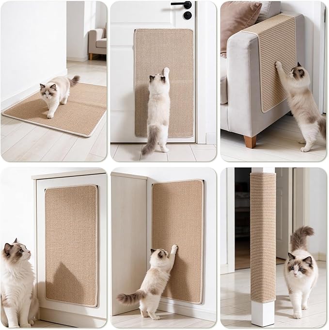 Cat Scratcher Mat, 23.6"x 15.7" Natural Sisal Cat Scratch Mat with Velcro Tape, Scratching Rug Pad for Indoor Cats, Furniture Protector, Floor Carpet, Wall Pad, M, Beige