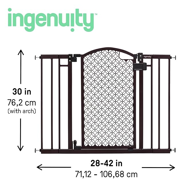 Ingenuity Decorative Panel Tall Baby Gate & Dog Gate, 28"-42" Wide, 30" Tall, Hardware or Pressure Mounted, Install on Top or Bottom of Stairs, Banister, or Doorway - Espresso
