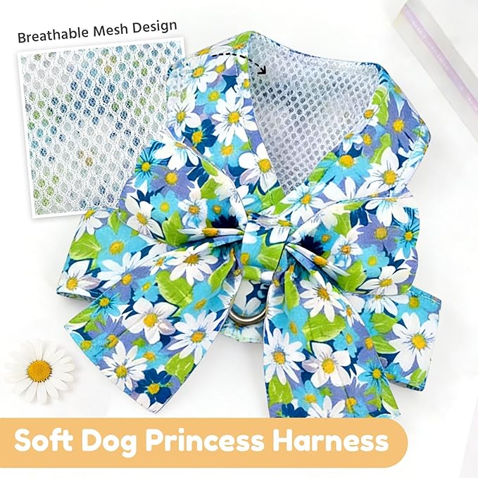 BAEJMJK Dog Harness and Leash Set with Bow Knot No Pull Pet Daisy Floral Harness with D-Ring Soft Mesh Dog Harness Vest Set Escape Proof Princess Puppy Harness for Small Girl Dogs Cats（Blue A XS）