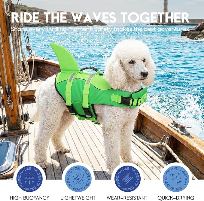 ASENKU Dog Life Jacket - Pet Safety Vest for Swimming & Boating, Shark Life Jacket with Floatation, Dog Lifesavers Swimsuits for Small Medium Large Dogs (Neongreen, XL)