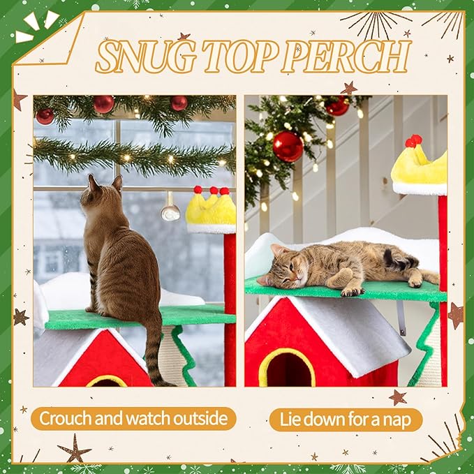 56in Christmas Themed Plush Cat Tree, Multi-Level Cat Tower with Cat Condos, Top Crown Perch, Sisal Ramp Scratching Posts, Large Cat Pet Activity Center for Indoor Cats
