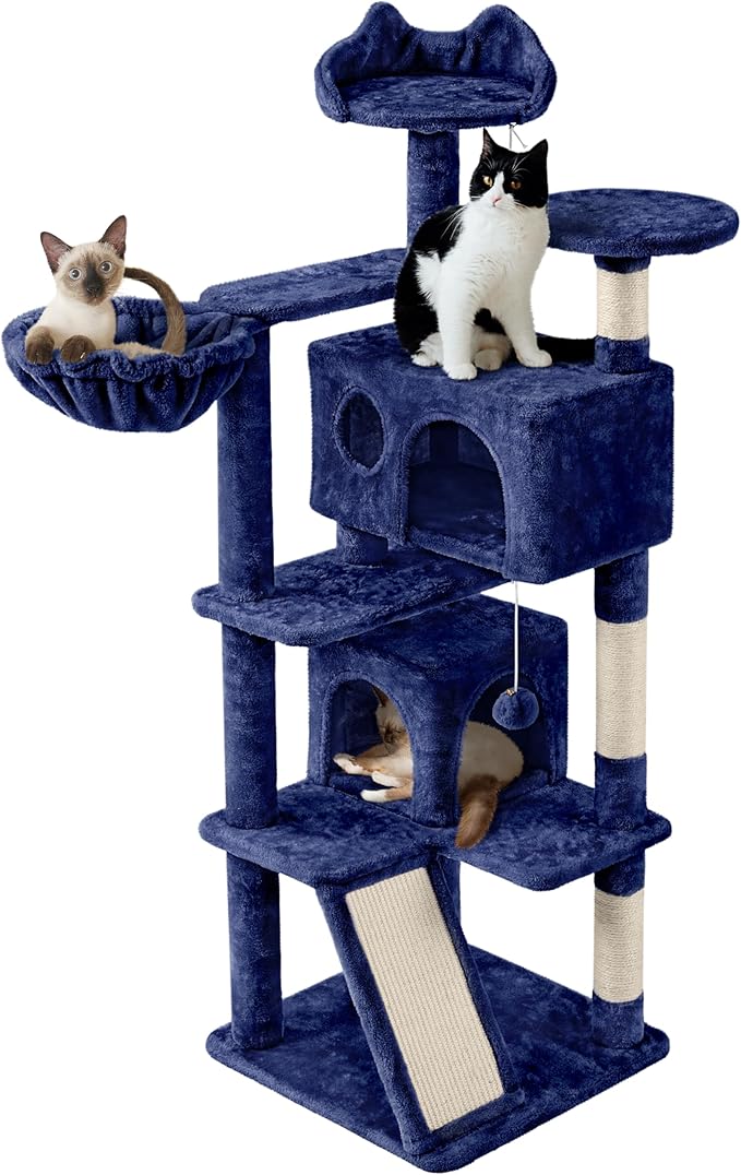 Yaheetech 57 inches Cat Tree for Indoor Cats, Multi-Level Cat Tower w/ 3 Perches, 2 Cat Condos, 2 Hanging Balls and Scratching Posts, Navy Blue