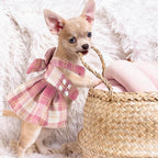 4 Pcs Cute Plaid Dog Dress Set with Bow Tie Harness & Leash for Small Dogs, Puppy Clothes for Girls Outfits(M,Dark Color)