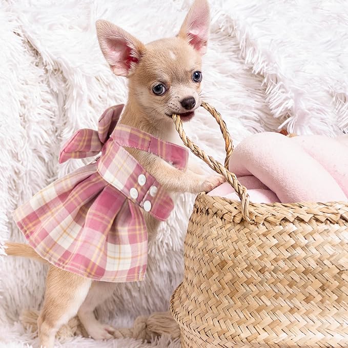 4 Pcs Cute Plaid Dog Dress Set with Bow Tie Harness & Leash for Small Dogs, Puppy Clothes for Girls Outfits(Xs,Dark Color)