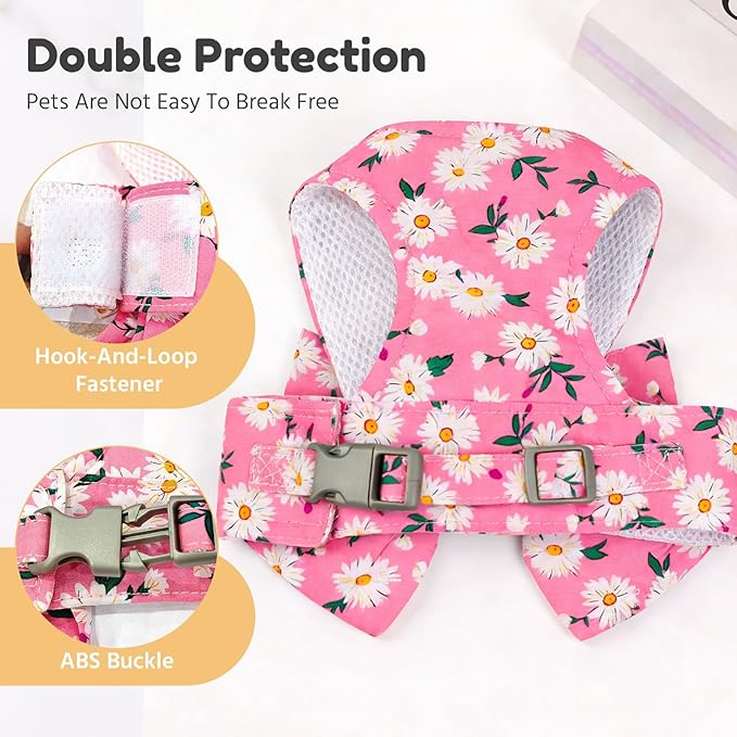 BAEJMJK Dog Harness and Leash Set with Bow Knot No Pull Pet Daisy Floral Harness with D-Ring Soft Mesh Dog Harness Vest Set Escape Proof Princess Puppy Harness for Small Girl Dogs Cats（Pink M）