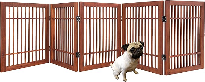 Urnporium Pet Dog Gate Freestanding, Strong Durable Folding Wooden Fence, Portable Acacia Hardwood Safety Barrier for Indoor & Outdoor Use (Brown Pet Gate, 5 Panel 24" Tall)