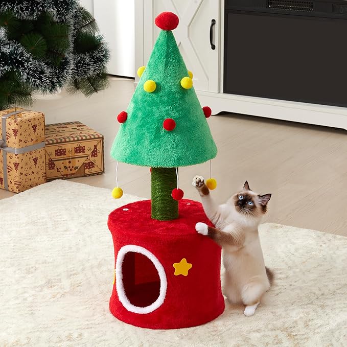 Cat Tree Tower for Indoor Cats, Cat Tree Small with Sisal Scratching Posts and Cozy Cat Bed, Multi-Functional Cat Furniture for Kittens and Adult Cats，Green&Red