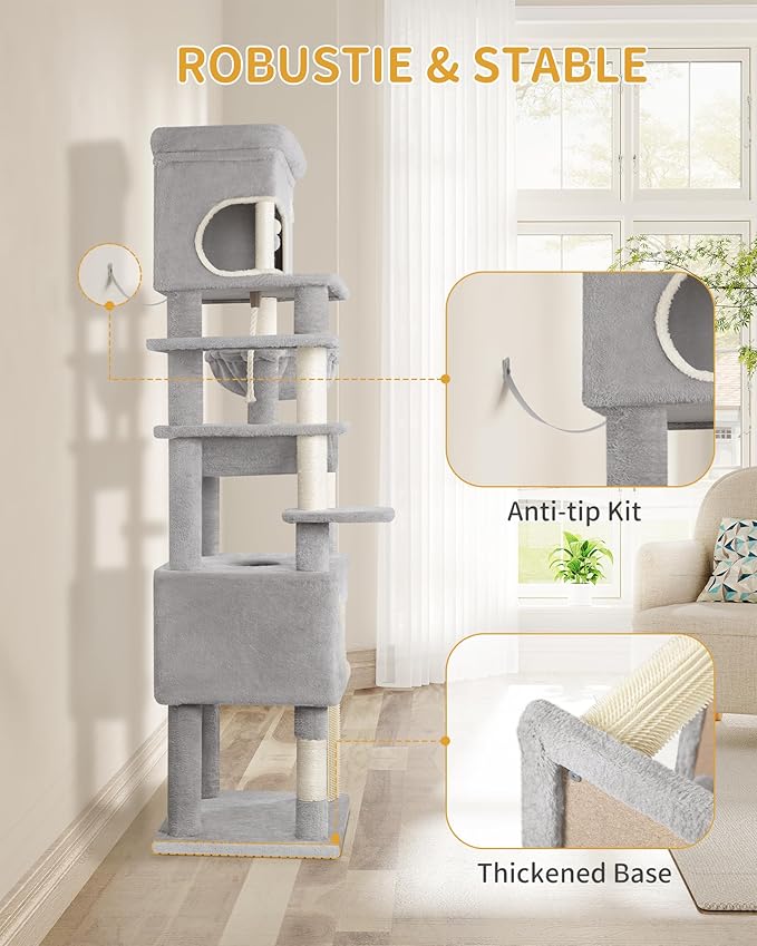 Cat Scratching Post, 70.1" Multi-Layer Cat Tree with Large Platform, 2 Caves, 7 Sisal Posts, Pompoms, Cat Basket, Hammock, Suitable for Cats, Light Gray MS17818LG