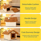 Lovely Cat Bed for Indoor Cats, Cartoon Pattern Cat Cave Bed with Handle Design, Soft Cat Hideaway Indoor Cat House for Kitten, Puppy & Small Pets (L)