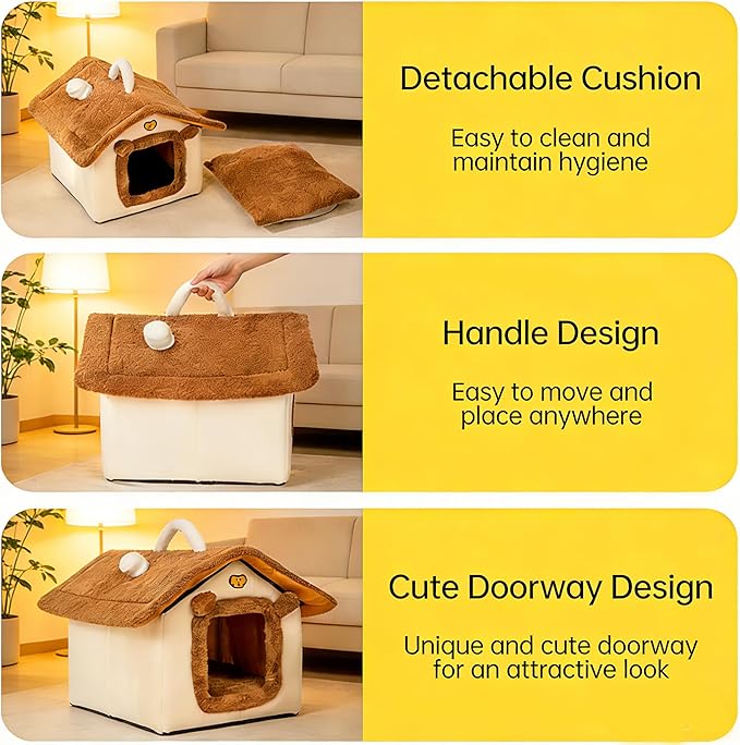 Lovely Cat Bed for Indoor Cats, Cartoon Pattern Cat Cave Bed with Handle Design, Soft Cat Hideaway Indoor Cat House for Kitten, Puppy & Small Pets (L)