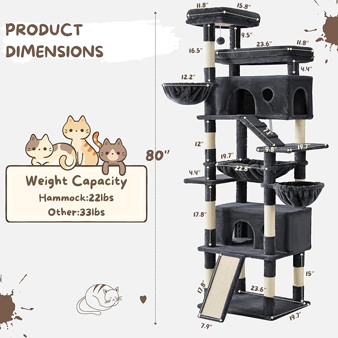 80 Inch Cat Tree, Large Cat Tower with 9 Scratching Posts, 2 Perches, 2 Caves, 2 Basket, 2 Stairs, Extra Large Hammock, Multi-Level Plush Cat Condo for Indoor Cats/Smoky Grey