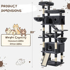 80 Inch Cat Tree, Large Cat Tower with 9 Scratching Posts, 2 Perches, 2 Caves, 2 Basket, 2 Stairs, Extra Large Hammock, Multi-Level Plush Cat Condo for Indoor Cats/Smoky Grey