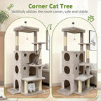 Cat Tree Tower for Indoor Cats, Adult Cat Tree House for Large Adult Cats with Steps, Scratching Post, 3 Cat Caves, Dangling Toys (Light Gray)