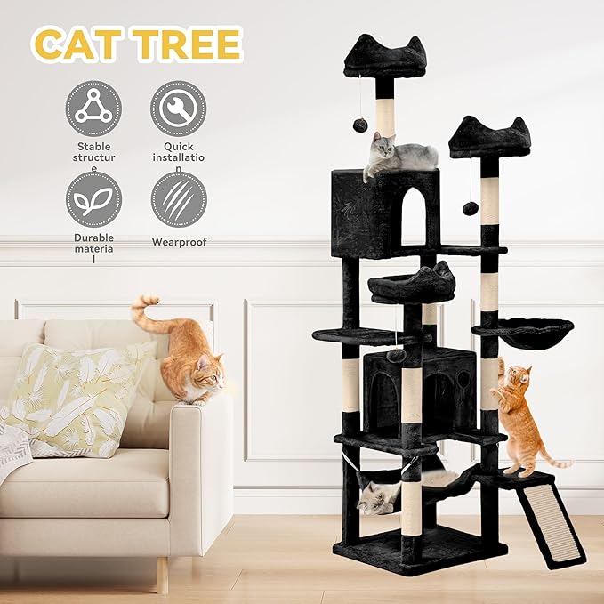 DWVO 75 in Multi-Level Cat Tower: Tall Cats Tree for Indoor Kittens, Pet Furniture with Kitty Condos, Top Perches, Sisal Ramp Scratching Posts, Cozy Basket, Hammocks, Black