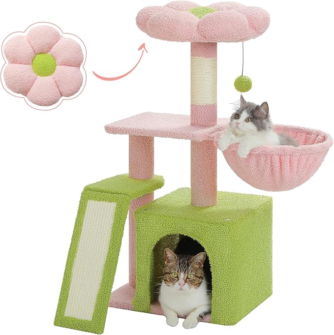 PETEPELA Flower Cat Tree for Indoor Cats, 31.5'' Small Cat Tower Cat Condo with Sisal Scratching Ramp+Mushroom Cat Scratching Post, Cat Scratcher Cute with 100% Sisal Covered Scratching Post