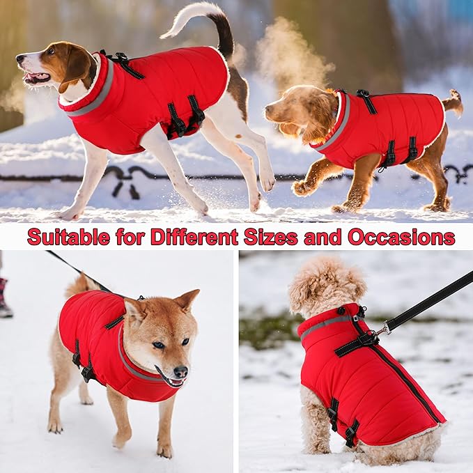 Dogcheer Dog Coat with Harness, Waterproof Dog Jacket Adjustable Pet Winter Coat with Zipper, Christmas Puppy Snow Jacket Fleece Sweater for Small Medium Large Dogs - Red S