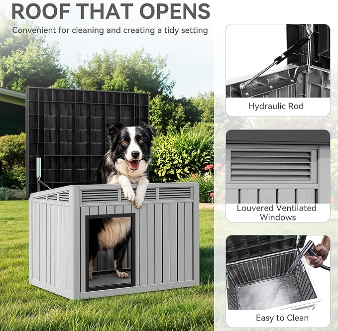 YITAHOME Plastic Dog House, Indoor & Outdoor Dog Kennel with Lift-Up Sloping Roof, Waterproof & Ventilated for Small to Medium Dogs, Easy to Clean Design, Gray