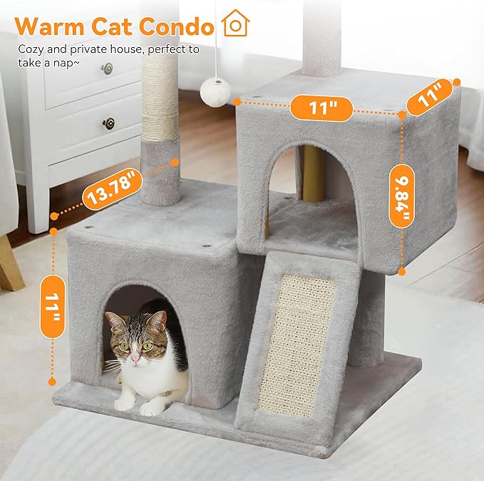 Cat Tree, 29.5 Inches Cat Tower with Dual Condos for Indoor Cats, Plush Cat House with Padded Perch, Scratching Ramp and Posts White-Gray