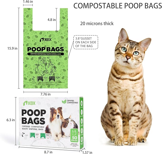 Cat Litter Bags for Poop, Compostable Kitty Poop Bags, 50 Count Unscented Disposal Waste Bags with Handle, Fit Any Scoop, Odor Sealing and Leakproof Dog Pooper Bag