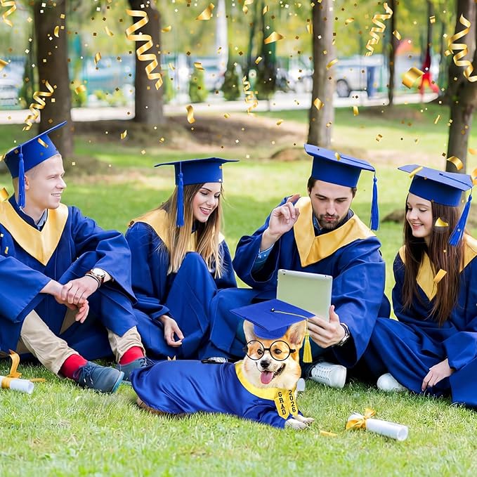 5 Pcs Dog Graduation Costume Set Include 2026 Pet Graduation Gown with Stole Puppy Grad Cap Lensless Glasses DIY Letter Stickers for Dogs Cats Holiday Costume Accessory(Blue Yellow,XXL)