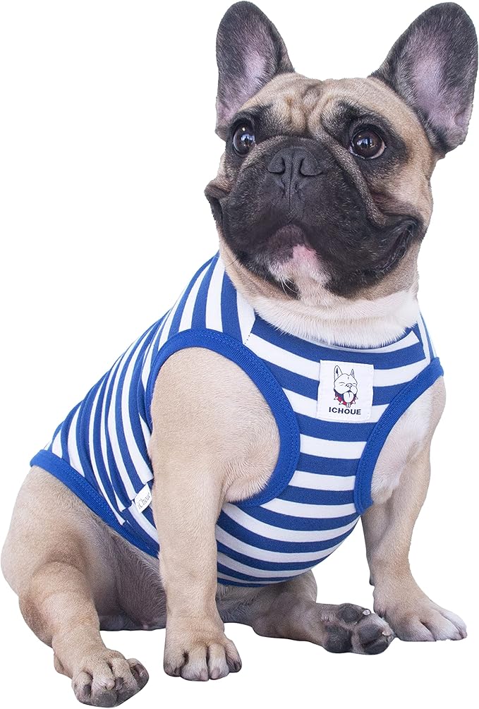 iChoue English Bulldog 100% Breathable Cotton Striped T Shirts Halloween Vest Clothes for Medium Dogs Tank Tops French Frenchie Pug Boston Terrier Pitbull White Blue Stripes - XLarge