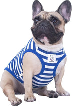 iChoue French Bulldog 100% Breathable Cotton Striped T Shirts Halloween Vest Clothes for Medium Dogs Tank Tops Frenchie Pug English Boston Terrier Pitbull White Blue Stripes - Large Plus