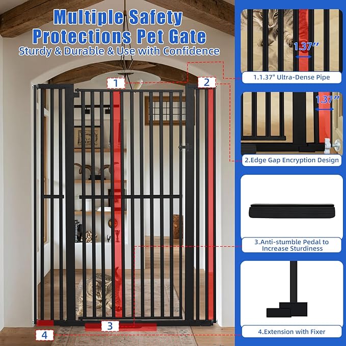 71 Inch Extra Tall Pet Gate for Cats, 29.5-43" Adjustable Wide Dog Gates, Pressure Mounted Walk Through Tall Cat Gate for Doorways,Hallway,Stairs,House（Black）