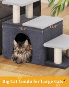 3-in-1 Pet Stairs for Cats, Dog Steps for Doggie Rabbits,7.8'' Depth Cat Stairs,Indoor Cat Steps for High Bed for Pet's Joints, Soft Plush, 1 Big Cat Condo Cave, Sisal Scratcher, Grey, Large