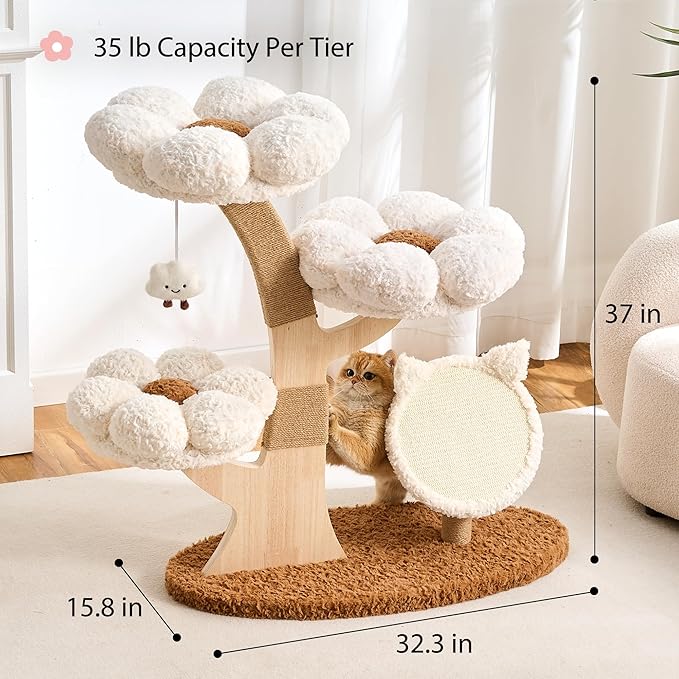 797Audio Flower Cat Tree, 37" Wood Branch Cat Tower, White Cloud Cat Tree with Scratching Post for Indoor Adult Cats, Luxury Cat Tree with Cat Scratch Pad & Interactive Squeaky Hanging Toy