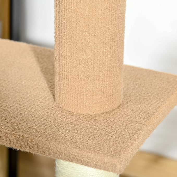 Floor-to-Ceiling Cat Tree, 17x10.8x102.3 Inches, All Breed Sizes, Climbing and Jumping, Particle Board, Floor Mount, Light Brown