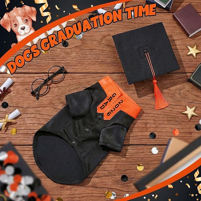 5 Pcs Dog Graduation Costume Set Include 2026 Pet Graduation Gown with Stole Puppy Grad Cap Lensless Glasses DIY Letter Stickers for Dogs Cats Holiday Costume Accessory(Black Orange,L)