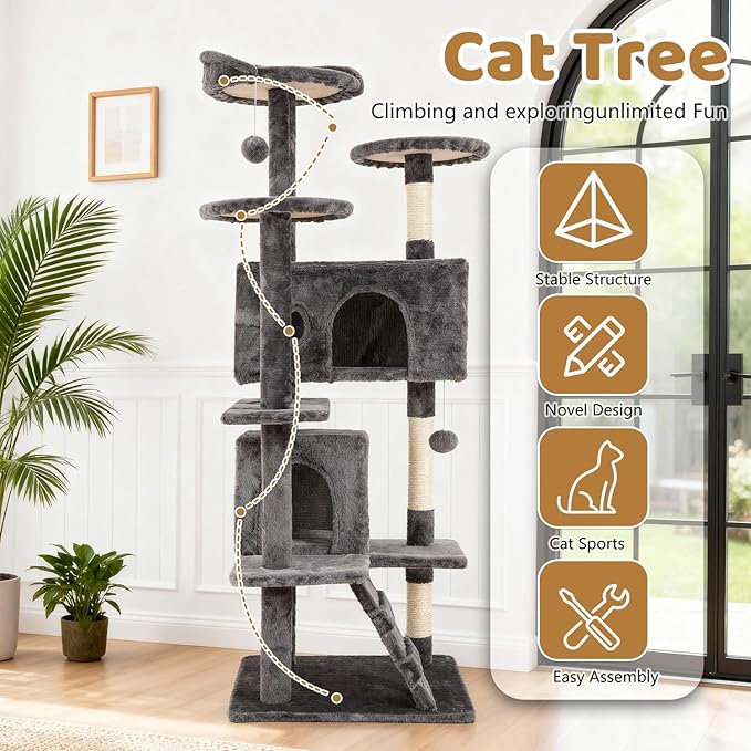BestOffice 54 Inch Cat Tree, Multi-Level Cat Tower with Condo, Perches, Sisal Scratching Posts, Climbing Ladder,Indoor Activity Center Play House for Kittens & Adult Cats,Light Gray