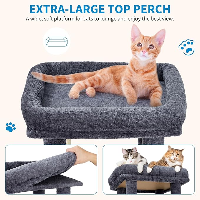 61" Large Cat Tree Tower for Indoor Cats, Heavy-Duty Multi-Level Cat Condo for Maine Coon & Big Cats with Extra-Large Perch, 2 Spacious Houses, Sisal Scratching Posts & Hanging Toys-Dark Gray