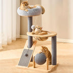 HITTITE Solid Wood Cat Tree Tower with Scratching Post, 37.8 Inches Tall Cat Towers with Scratching Board and Scratcher Ball, Modern Cat Tower With Space Capsule and Removable Top Bed for Indoor Cats.
