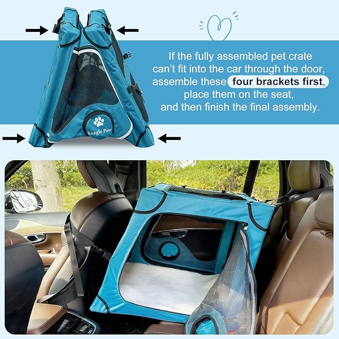 Snagle Paw Portable Dog Crate for Car Travel,Metal Frame Pet Crate,Pet Carrier for Car Back Seat Secures with Headrest Strap and Seatbelt,M