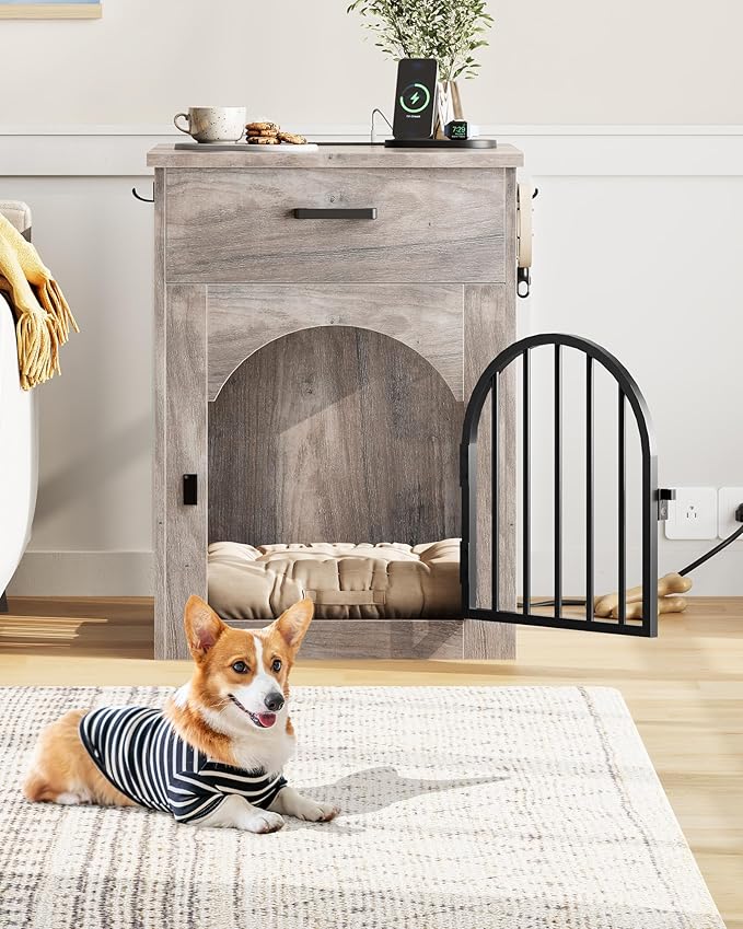 Dog Crate Furniture, Wooden Dog House with Charging Station and Storage Drawer, Indoor Pet Crate End Table for Small Breeds, for Living Room, Bedroom, Greige MGW01UFH