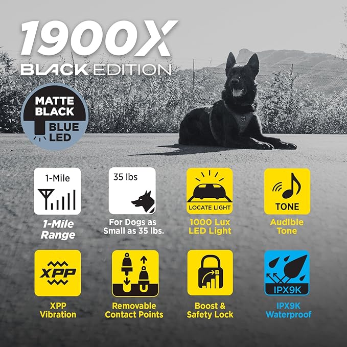 Dogtra 1900X Black Edition E-Collar - 1 Mile Range, Dogs 45 lbs+, IPX9K Waterproof, 100 Stimulation Levels, Vibration, Tone, Rechargeable - Ideal for Dog Owners and Professional Trainers