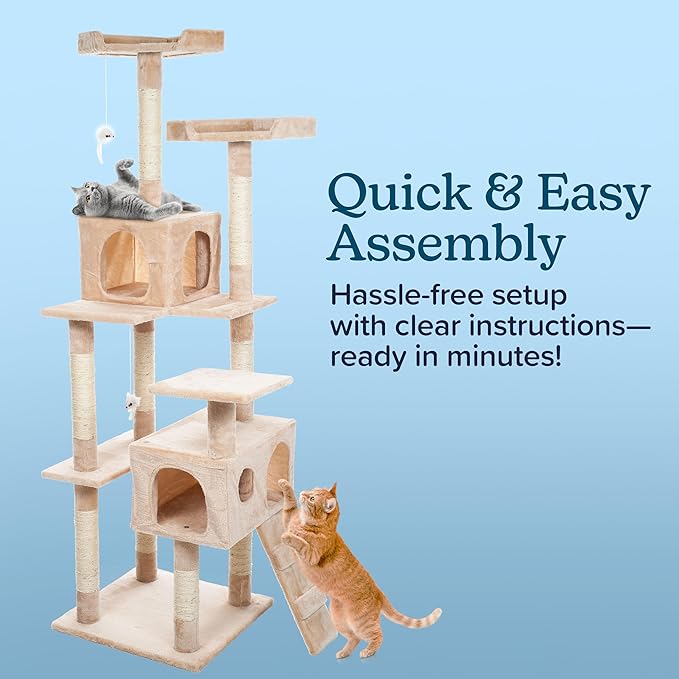 Cat Tree - 5.5-Foot Cat Tower for Indoor Cats with Perches, 2 Condos, 9 Cat Scratching Posts, 2 Hanging Toys, and 2-Step Ladder by PETMAKER (Beige)