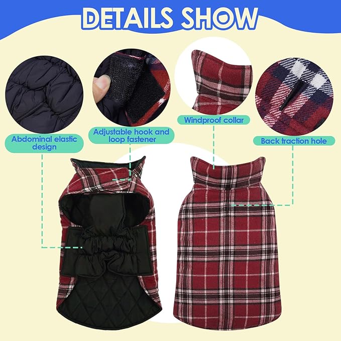 MIGOHI Dog Jackets for Winter, Windproof Waterproof Reversible Dog Coat for Cold Weather, British Style Plaid Warm Dogs Vest for Small Medium Large Dogs, Red, XXXL