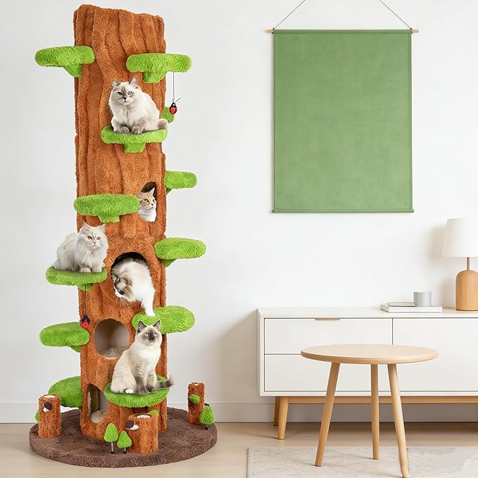 90.5 Inch Cat Tree for Indoor Cats, KAMABOKO Multi-Level Tall Cat Tower with Sisal-Covered Scratching Posts, Plush Perches, Hanging Toys & Spring Toys, Large Kitty Condo with Jumping Platforms