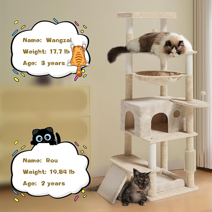 66 inches Cat Tree, Multi-Level Tall Modern Cat Tower for Indoor Large Cats Adult with Sisal Scratching Posts & Board, Padded Platforms, Hammock and Condo, Beige
