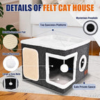 Felt Cat Cave Beds for Indoor Cats, Foldable Cat Hideaway with Scratch Pad and Fluffy Ball, Large Covered Cat House with Reversible Cushion for Multi Small Pet