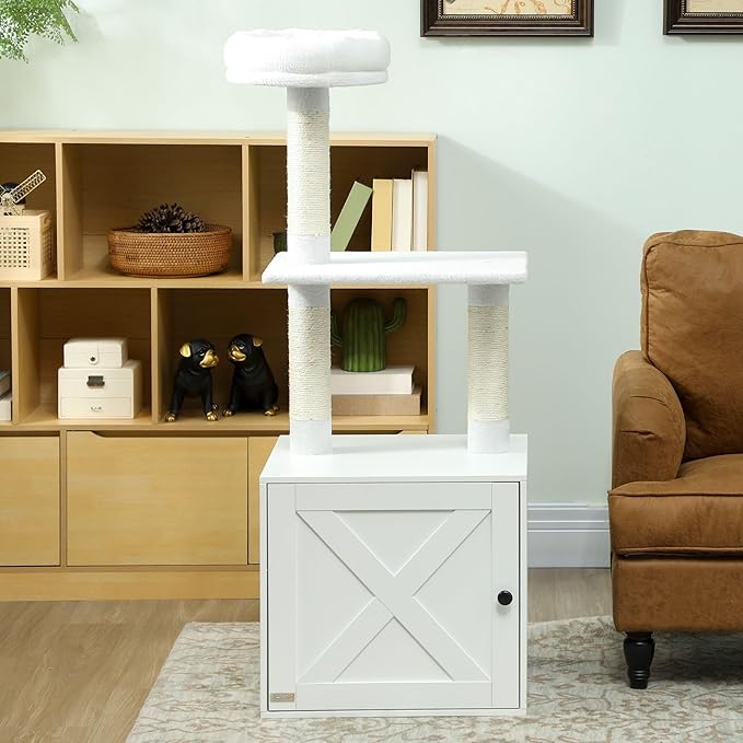 Elegant Multi-Tier Cat Tree with Privacy Litter Box, Premium Sisal Scratching Areas, Plush Bedding, Tiered Platforms - White