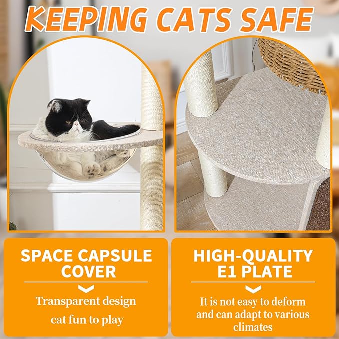 Cat Tree for Large Cats, 50'' Multi-Level Cat Tower for Indoor Cats, Sturdy Design with 6 Sisal Scratching Posts 1 Board, Space Capsule Perch, Hanging Plush Ball & Easy Assembly