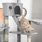 PawHut Floor to Ceiling Cat Tree, 94.5-102.5 inch Adjustable Height Cat Climbing Tower with Scratching Posts, Condos, Hammocks, Tubes, Ladders, Platforms, Dangling Balls for Indoor Kittens, Light Gray