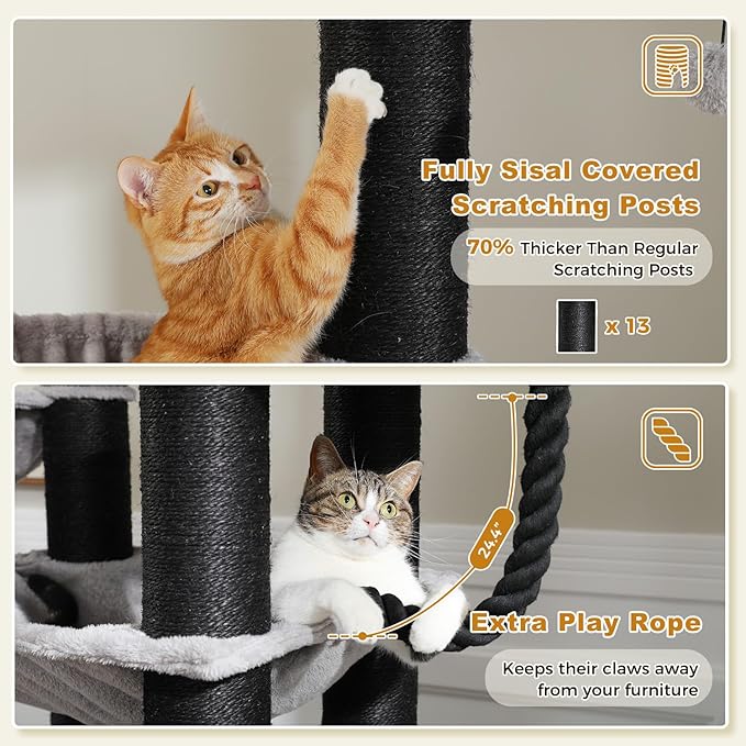 PETEPELA 67" XXL Cat Tree for Large Cats up to 25 lbs, Heavy Duty Cat Tower w/13 Extra-Thick Sisal Scratching Posts [φ4.3”], Cat Furniture with Metal Frame Hammock & XL Condo for Maine Coon, Black
