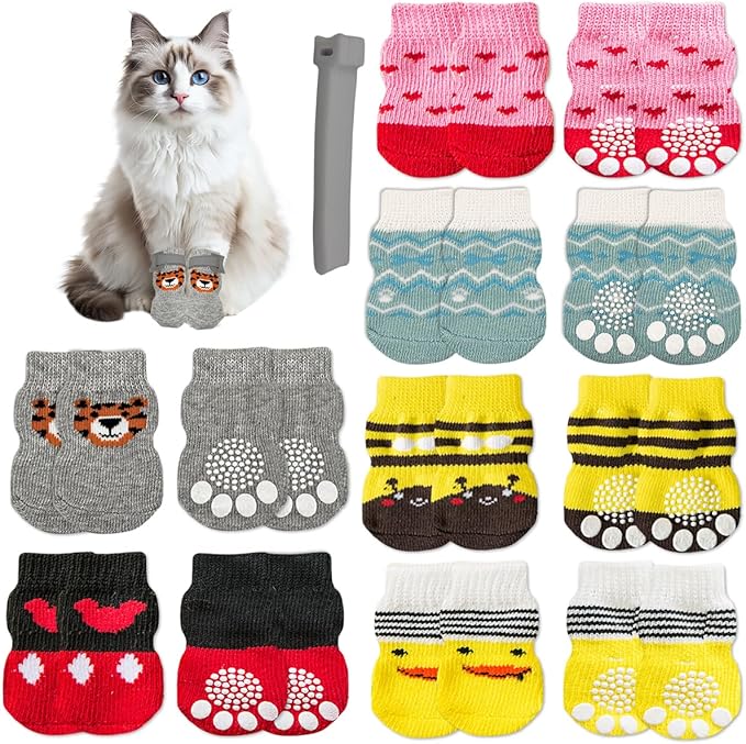 24 Pcs Cat Mittens to Prevent Scratching,Cat Socks for Cats with Adhesive Tabs,Cute Patterned Cats Booties Dog Booties to Prevent Scratching Grooming Bathing